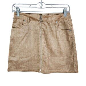 Womens Beige Love Tree Mini Skirt Corduroy Ribbed Front Zip Size S Small